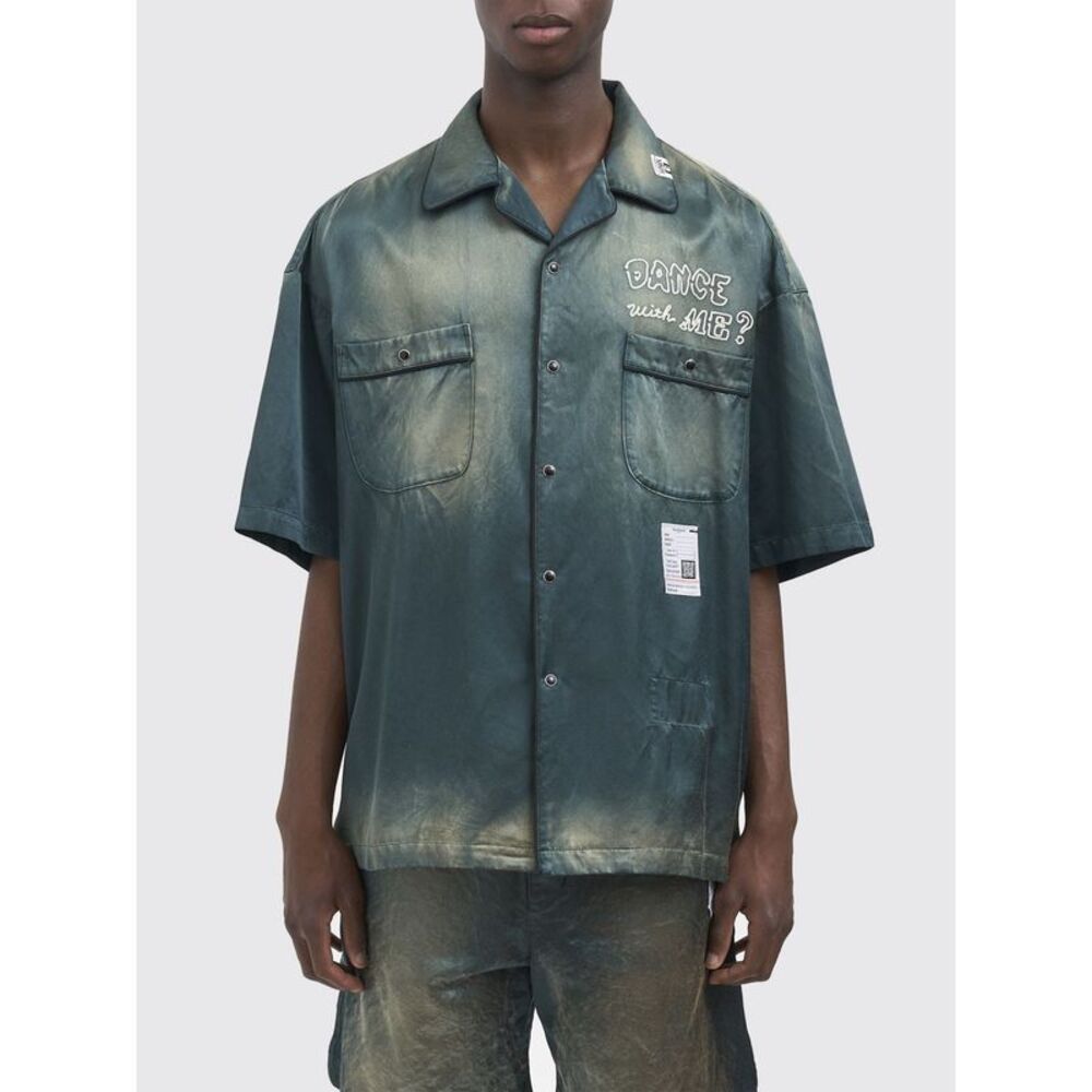 Maison Mihara Yasuhiro Slogan Print Satin Bowling Shirt With Cuban Collar